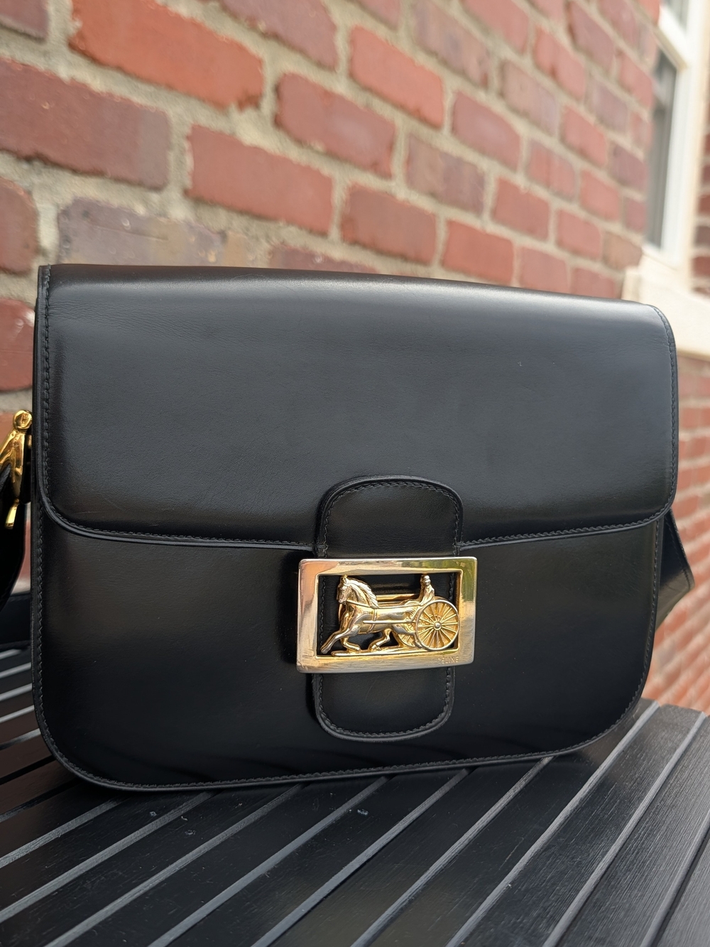 Vintage Celine Black Leather Sulky Horse Carriage Box Flap Shoulder Bag